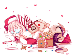 Size: 1200x930 | Tagged: safe, artist:ipun, oc, oc only, oc:sweet velvet, bat pony, pony, blushing, bow, candy, candy cane, clothes, cute, eyes closed, fangs, female, food, gingerbread house, gingerbread man, hair bow, heart, mare, open mouth, simple background, sleeping, socks, white background