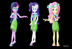 Size: 1169x788 | Tagged: safe, artist:dieart77, fluttershy, rarity, twilight sparkle, equestria girls, g4, black background, clothes, feet, flower, flower in hair, grass skirt, hawaiian flower in hair, hula, hula dance, hulalight, hularity, hulashy, hypnosis, hypnotized, lei, needs more jpeg, sandals, simple background, tank top