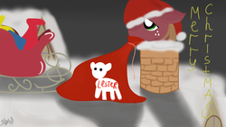 Size: 1280x720 | Tagged: safe, artist:jbond, big macintosh, earth pony, pony, g4, christmas, floppy ears, male, mouth hold, postcard, signature, snow, solo, stallion, stuck, text