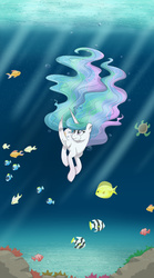 Size: 2500x4500 | Tagged: safe, artist:bratzoid, princess celestia, fish, pony, g4, bubble, crepuscular rays, female, mare, solo, swimming, underwater