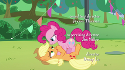 Size: 1280x720 | Tagged: safe, screencap, applejack, pinkie pie, g4, the mane attraction, flag, out of context, tree