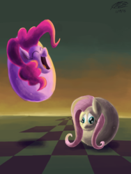 Size: 1024x1365 | Tagged: safe, artist:loreto-arts, fluttershy, pinkie pie, pony, g4, bouncy ball, duo, surreal