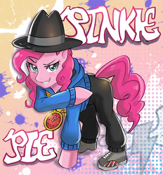 Size: 1035x1116 | Tagged: safe, artist:tzc, pinkie pie, earth pony, pony, g4, testing testing 1-2-3, clock, clothes, female, hat, hoodie, lidded eyes, mare, pants, pixiv, rapper pie, shoes, smiling, solo
