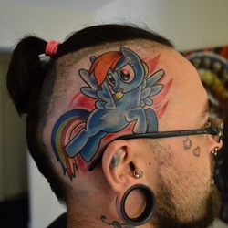 Size: 800x800 | Tagged: safe, rainbow dash, human, pegasus, pony, g4, ear piercing, female, flying, hipster, irl, irl human, looking back, mare, open mouth, photo, piercing, smiling, smirk, tattoo, why