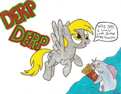 Size: 2188x1696 | Tagged: safe, artist:dustyscarecrow, derpy hooves, catfish, fish, pegasus, pony, g4, derp, duo, female, food, french fries, mare, mcdonald's, not salmon, wat