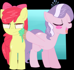 Size: 914x861 | Tagged: safe, artist:krazykari, artist:mcsadat, apple bloom, diamond tiara, earth pony, pony, g4, cupcake, duo, food