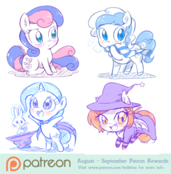 Size: 800x817 | Tagged: safe, artist:kelsea-chan, angel bunny, bon bon, sweetie drops, trixie, oc, bat pony, pony, g4, bat pony oc, chibi, clothes, costume, glowing horn, hat, horn, looking at you, magic, patreon, patreon logo, scarf, telekinesis, witch, witch hat