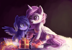 Size: 817x575 | Tagged: dead source, safe, artist:annielith, princess celestia, princess luna, g4, cewestia, clothes, filly, pink-mane celestia, present, socks, striped socks, woona