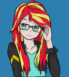 Size: 1249x1400 | Tagged: safe, artist:kencaldi, artist:megagibs, sunset shimmer, equestria girls, g4, base used, blue background, cute, female, glasses, human coloration, shimmerbetes, simple background, solo, trace