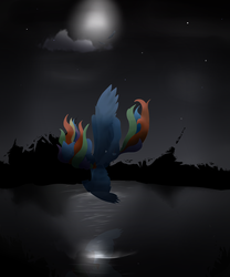 Size: 1024x1229 | Tagged: safe, artist:snowyglaze, rainbow dash, g4, dark, falling, female, lake, solo