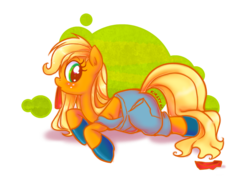 Size: 969x700 | Tagged: safe, artist:kelsea-chan, applejack, g4, clothes, female, hair tie, hoof boots, mouth hold, overalls, solo