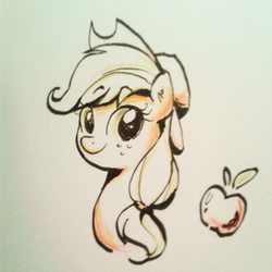 Size: 1280x1280 | Tagged: safe, artist:kelsea-chan, applejack, g4, apple, colored pencil drawing, female, food, grin, ink, looking at you, simple background, sketch, solo, traditional art, white background