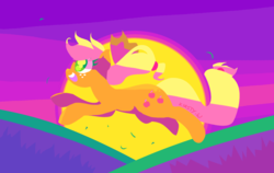 Size: 1242x787 | Tagged: safe, artist:kelsea-chan, applejack, g4, female, jumping, lineless, open mouth, solo, sunset