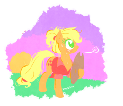 Size: 980x846 | Tagged: safe, artist:kelsea-chan, applejack, g4, alternate hairstyle, clothes, female, hat, hoof hold, lineless, shirt, solo, sweat