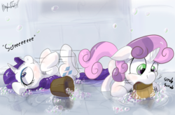 Size: 1280x838 | Tagged: safe, artist:manfartwish, rarity, sweetie belle, pony, unicorn, g4, :t, blushing, bubble, cleaning, cute, female, filly, floppy ears, legs in air, mare, misleading thumbnail, mouth hold, nose wrinkle, on back, prone, raribetes, rerity, scrubbing, scrunchy face, silly, silly pony, sliding, smiling, soap, wet