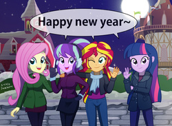 Size: 2067x1512 | Tagged: safe, artist:sumin6301, fluttershy, starlight glimmer, sunset shimmer, twilight sparkle, equestria girls, g4, clothes, equestria girls-ified, happy new year, pants, scarf, twilight sparkle (alicorn), winter