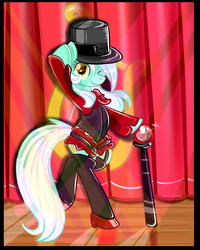 Size: 2190x2738 | Tagged: safe, artist:xwhitedreamsx, lyra heartstrings, pony, g4, bipedal, burlesque, cane, clothes, female, hat, solo, stage, wink