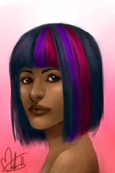 Size: 800x1200 | Tagged: safe, artist:foervraengd, twilight sparkle, human, g4, dark skin, female, gradient background, humanized, realistic, solo