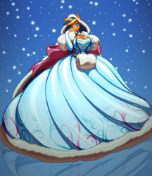 Size: 2850x3300 | Tagged: safe, artist:toughset, oc, oc only, oc:help desk, anthro, anthro oc, big breasts, breasts, cleavage, clothes, corset, dress, female, gown, high res, hood, impossibly large dress, poofy shoulders, snow, snowfall, solo, winter