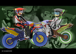 Size: 1600x1131 | Tagged: safe, artist:jucamovi1992, flash sentry, sandalwood, equestria girls, g4, my little pony equestria girls: friendship games, motocross outfit, motorcross, motorcycle, rocker