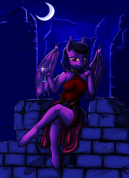 Size: 900x1238 | Tagged: safe, artist:brushstroke, oc, oc only, bat pony, anthro, castle, clothes, dress, fangs, moon, night, solo, wine glass