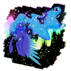 Size: 1080x1087 | Tagged: safe, artist:raventhehed9eh09, princess luna, g4, .psd available, aurora borealis, female, flying, night, s1 luna, solo, stars