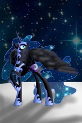 Size: 640x960 | Tagged: safe, artist:raventhehed9eh09, nightmare moon, g4, female, raised hoof, solo, spread wings, stars