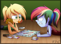 Size: 1500x1100 | Tagged: safe, artist:fj-c, applejack, rainbow dash, equestria girls, g4, annoyed, clothes, duo, gloating, gritted teeth, monopoly, ponytail, prone, sore loser, tank top, tongue out