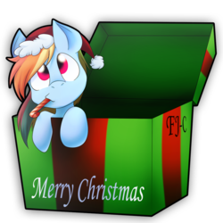 Size: 1024x1024 | Tagged: safe, artist:fj-c, rainbow dash, pegasus, pony, g4, box, candy, candy cane, female, food, hat, mare, mouth hold, pony in a box, present, santa hat, solo