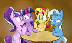 Size: 2005x1202 | Tagged: safe, artist:browwning, starlight glimmer, sunset shimmer, trixie, twilight sparkle, alicorn, pony, unicorn, g4, counterparts, magical quartet, sitting, table, twilight sparkle (alicorn), twilight's counterparts