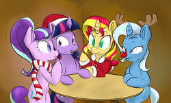 Size: 2005x1202 | Tagged: safe, alternate version, artist:browwning, starlight glimmer, sunset shimmer, trixie, twilight sparkle, alicorn, pony, unicorn, g4, antlers, christmas, clothes, coat, counterparts, hat, hearth's warming, hearth's warming eve, jacket, kathleen barr, lidded eyes, looking at each other, magical quartet, open mouth, red nose, reindeer antlers, rudolph nose, santa hat, scarf, sitting, smiling, table, twilight sparkle (alicorn), twilight's counterparts, voice actor joke