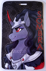 Size: 474x739 | Tagged: safe, artist:starkindlerstudio, king sombra, g4, badge, con badge, queen umbra, rule 63, solo, traditional art