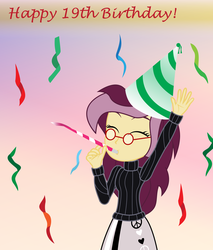 Size: 2000x2351 | Tagged: safe, artist:amante56, oc, oc only, oc:lannie lona, equestria girls, g4, beatnik, birthday, birthday gift, birthday party, clothes, confetti, eyes closed, hat, high res, party, party hat, party horn, solo, sweater, turtleneck