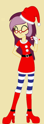 Size: 360x996 | Tagged: safe, artist:starla-stroke94, oc, oc only, oc:lannie lona, equestria girls, g4, birthday gift, candy, candy cane, christmas outfit, clothes, food, glasses, gloves, hat, santa hat, socks, solo, striped socks
