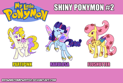 Size: 1024x695 | Tagged: safe, artist:greenlinzerd, fluttershy, pinkie pie, posey, rarity, sparkler (g1), surprise, pony, g1, g4, colored wings, crossover, female, fire ruby, flower, flower in hair, g1 to g4, generation leap, gossamer wings, mare, my little ponymon, pokémon, ponymon, recolor, shiny pokémon, trio