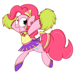 Size: 1280x1265 | Tagged: safe, artist:mr-degration, pinkie pie, earth pony, pony, g4, bipedal, bow, cheerleader, cheerleader pinkie, clothes, ear fluff, female, hair bow, midriff, pom pom, shirt, shoes, simple background, skirt, solo, transparent background