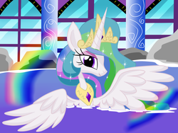 Size: 1600x1200 | Tagged: safe, artist:lovehtf421, princess celestia, g4, bath, bathing, bedroom eyes, eyeshadow, female, looking at you, makeup, rainbow, smiling, solo, spread wings, water