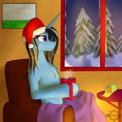 Size: 4000x4000 | Tagged: safe, artist:twotail813, oc, oc only, oc:silver lining, pony, unicorn, rcf community, biscuits, blanket, chocolate, food, hat, hot chocolate, rule 63, santa hat, snow, solo, winter