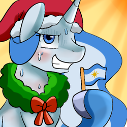 Size: 512x512 | Tagged: safe, artist:askprincessargenta, oc, oc:princess argenta, argentina, blushing, christmas, flag, hat, heat, holiday, hot, looking at you, nation ponies, ponified, santa hat, smiling, smiling at you, sweat