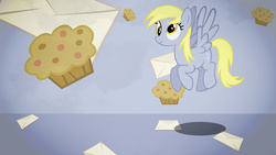 Size: 1920x1080 | Tagged: artist needed, safe, derpy hooves, pegasus, pony, g4, female, food, letter, mail, mare, muffin, solo, wallpaper