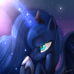 Size: 900x900 | Tagged: safe, artist:lolitalonis, princess luna, g4, blood, crepuscular rays, female, frown, glare, magic, moonlight, night, nosebleed, solo, spread wings, stars, this will end in pain
