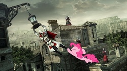 Size: 600x337 | Tagged: safe, artist:krystal, pinkie pie, g4, assassin's creed, crossover, ezio auditore, rome, swinging