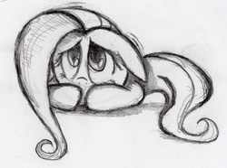 Size: 1481x1102 | Tagged: safe, artist:otto720, fluttershy, g4, female, floppy ears, lying, monochrome, pencil drawing, scared, solo, traditional art