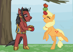 Size: 874x623 | Tagged: safe, artist:mintydreams7, applejack, g4, apple, dynasty warriors, food, red hare, saddle
