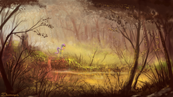 Size: 1920x1080 | Tagged: dead source, safe, artist:shamanguli, fluttershy, pegasus, pony, g4, female, forest, scenery, scenery porn, solo, water