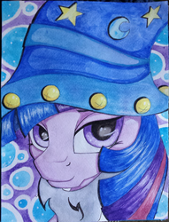 Size: 2297x3005 | Tagged: safe, artist:amous-anona, star swirl the bearded, twilight sparkle, alicorn, pony, g4, beard, clothes, costume, female, hat, high res, mare, solo, traditional art, twilight sparkle (alicorn), watercolor painting