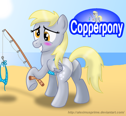 Size: 1024x939 | Tagged: safe, artist:aleximusprime, derpy hooves, pegasus, pony, g4, bikini, blushing, bubble butt, butt, clothes, coppertone parody, cute, derpabetes, female, fishing rod, i just don't know what went wrong, mare, plot, side-tie bikini, solo, swimsuit, tan lines, undressing