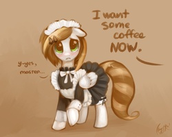 Size: 1188x952 | Tagged: safe, artist:magistra, oc, oc only, oc:coffee cream, pegasus, pony, blushing, clothes, crossdressing, crying, dialogue, floppy ears, gradient background, hairclip, maid, male, master, trap