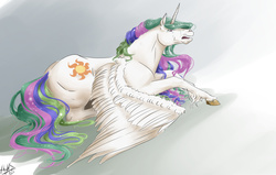Size: 3312x2112 | Tagged: safe, artist:miidniightsuun, princess celestia, alicorn, horse, pony, g4, crepuscular rays, crying, female, high res, hoers, prone, realistic, realistic anatomy, realistic horse legs, solo, spread wings, unshorn fetlocks