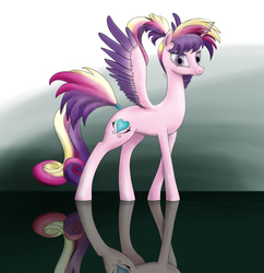 Size: 4156x4288 | Tagged: safe, artist:plotcore, princess cadance, g4, absurd resolution, alternate hairstyle, female, ponytail, reflection, solo, spread wings, tail wrap
